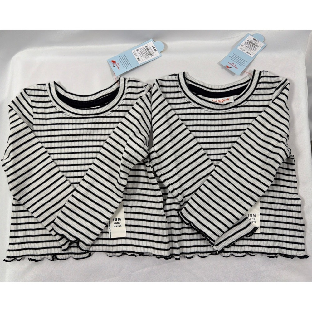 Cat & Jack Ribbed 18 M 2 Pk Black White Striped Long Sleeve Shirts Top Ruffle